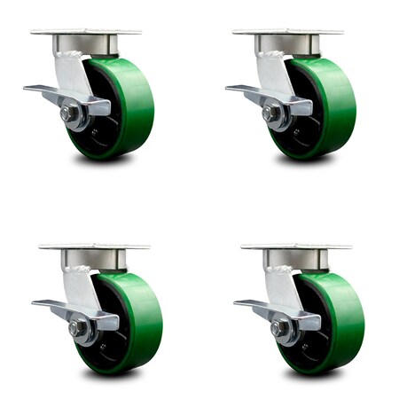 Service Caster 5 Inch Kingpinless Green Poly on Steel Wheel Swivel Caster Set with Brakes SCC SCC-KP30S520-PUR-GB-SLB-4